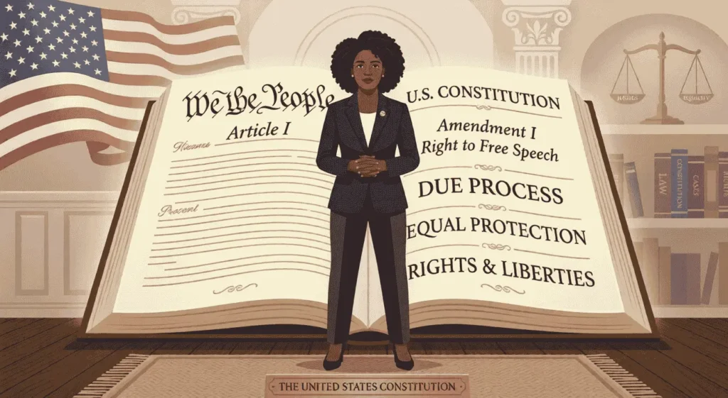 A person standing in front of an open U.S. Constitution document with scales of justice in the background, representing the fundamental constitutional rights every accused person holds when charged with a crime in the United States.