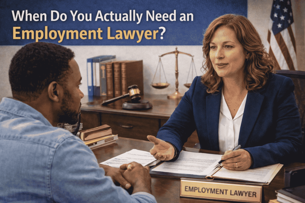 Employee consulting a female employment lawyer at her office desk with legal documents, gavel, and scales of justice in the background
