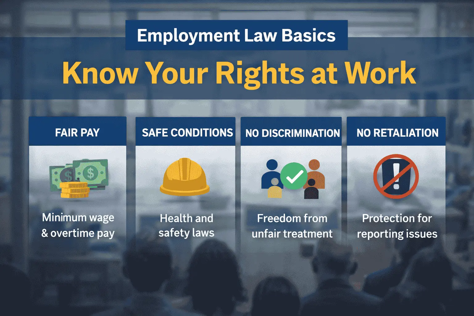 Infographic illustrating basic employee rights in the United States, including fair pay, safe working conditions, protection from discrimination, and protection from retaliation.