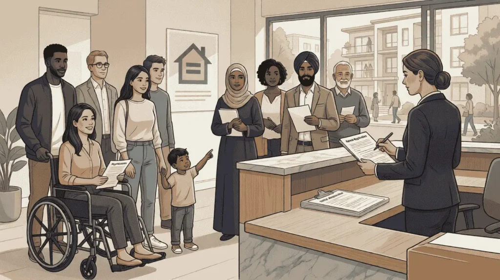 Illustration of diverse tenants applying for an apartment in a leasing office, representing fair housing rights and protection against rental discrimination.