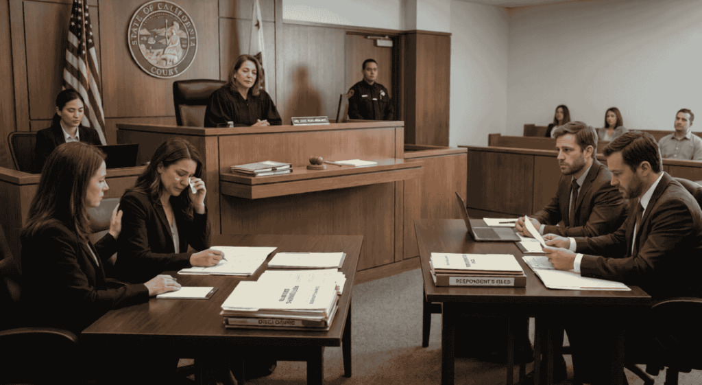 A courtroom scene showing a family law basic case in progress with a judge and two individuals involved in a divorce or legal dispute, representing the emotional and legal nature of family law cases in the United States.