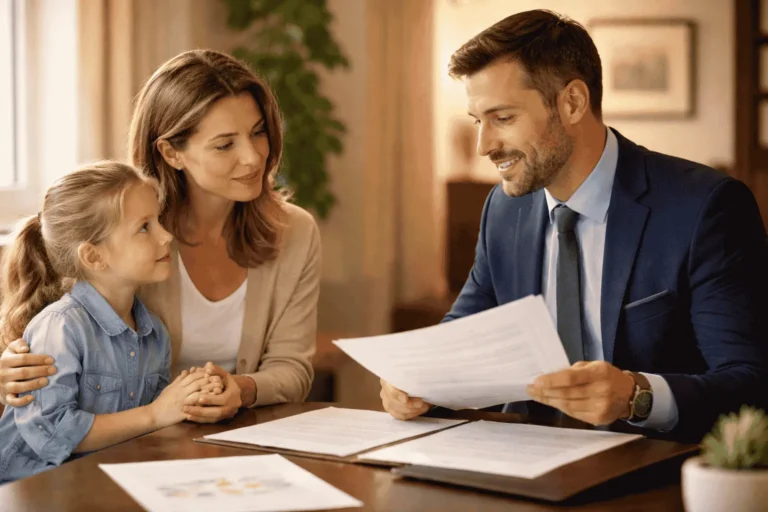 Mother and father sitting across a table in a mediator’s office with a professional facilitator and family documents, discussing child-focused agreements in a calm setting.