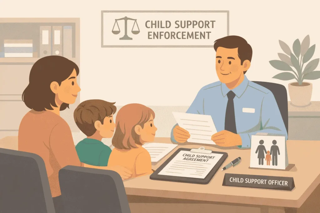 A mother and her two children meeting with a child support enforcement officer at an office desk, with documents and a calculator visible, representing how child support is calculated using state guidelines based on parental income, custody arrangements, and number of children.