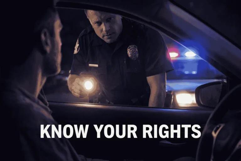 View from inside a car of a police officer speaking to a driver during a nighttime traffic stop, with flashing patrol lights and the words Know Your Rights displayed.