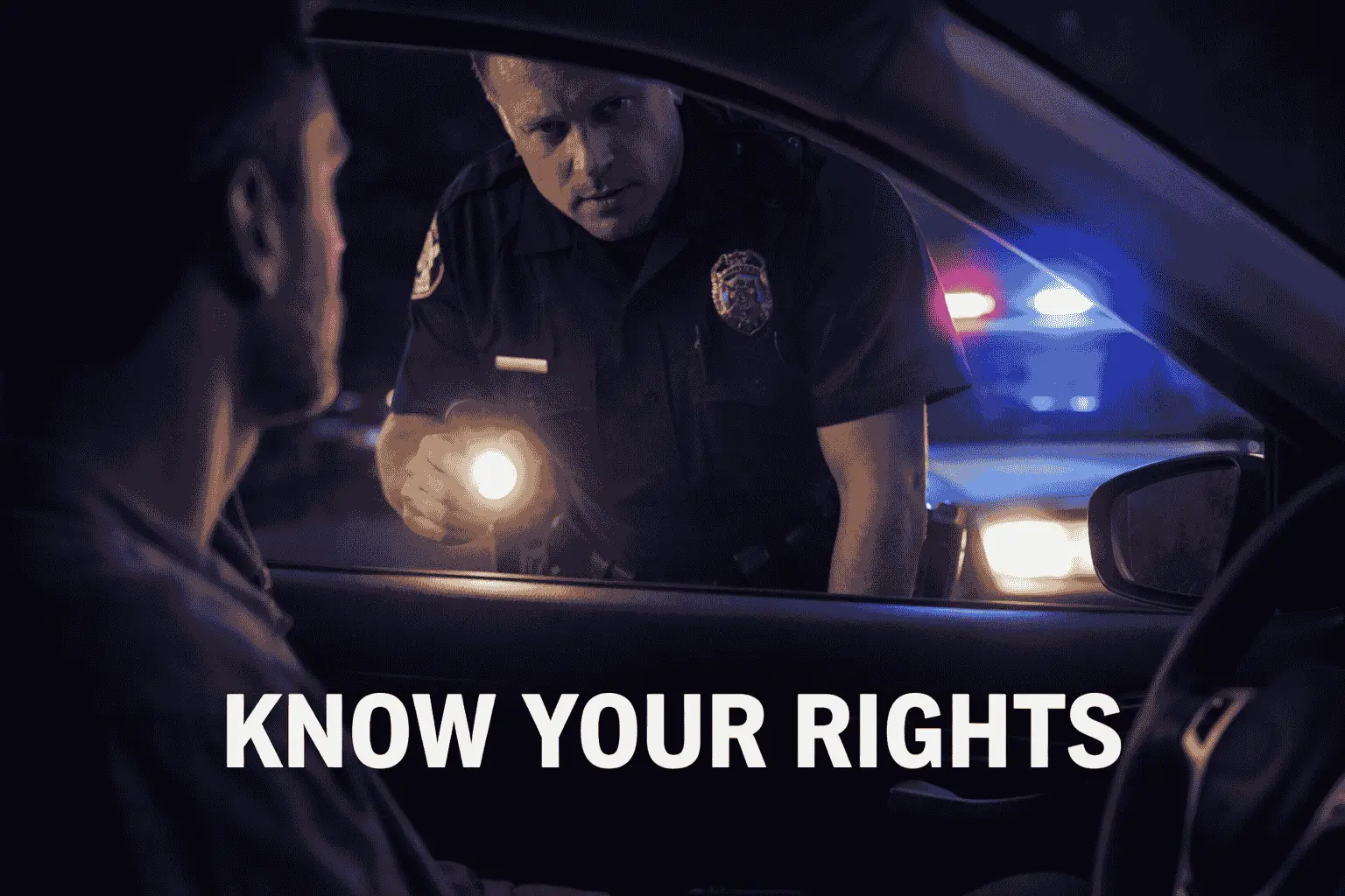 View from inside a car of a police officer speaking to a driver during a nighttime traffic stop, with flashing patrol lights and the words Know Your Rights displayed.
