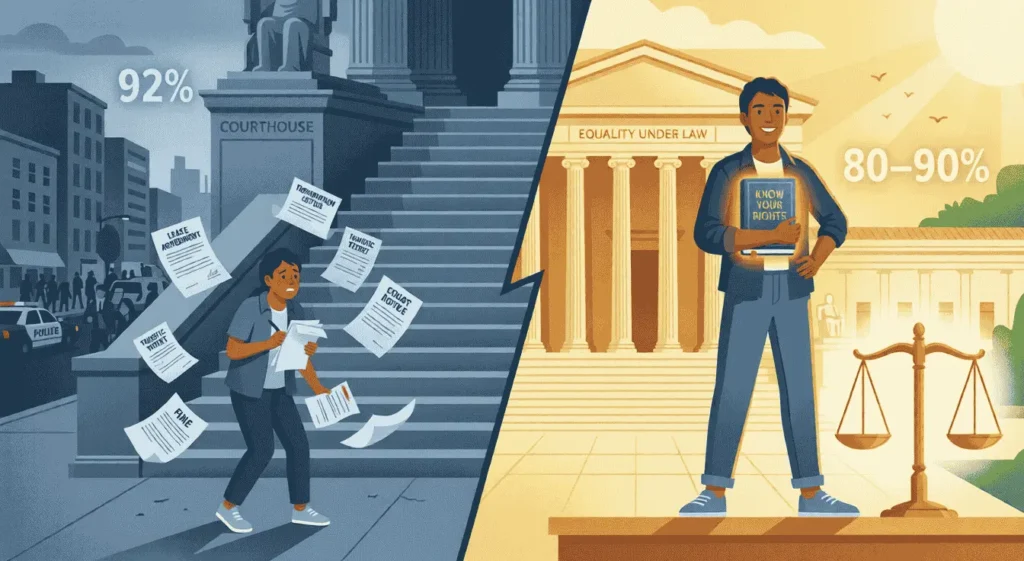 A split illustration showing a confused person overwhelmed by legal documents on the left, and the same person standing confident with a "Know Your Rights" book and balanced scales of justice on the right, representing the impact of legal knowledge.