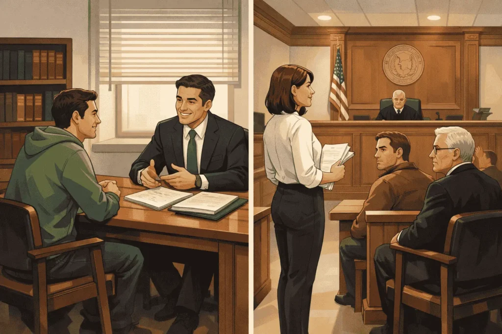 Attorney consulting client and female lawyer presenting case in courtroom before judge