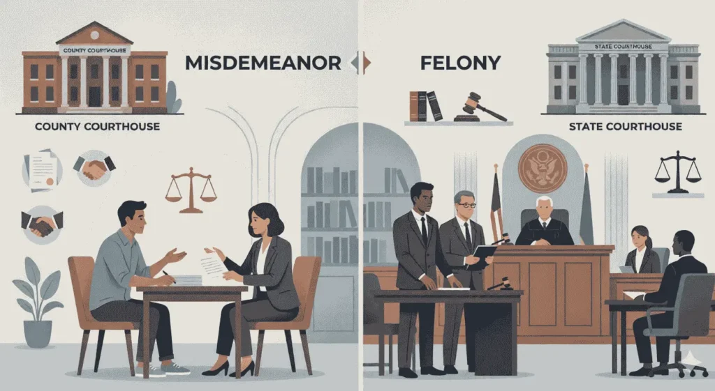 A split illustration comparing a misdemeanor and a felony side by side, with a local courthouse on one side and a formal courtroom on the other, representing the key legal differences between misdemeanor and felony charges, including penalties, rights, and long-term consequences.