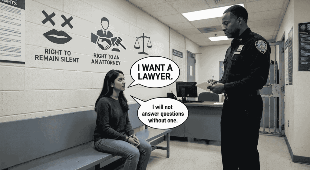 Priya, handcuffed, sits across from a police officer, with graphic illustrations on the wall and speech bubbles clearly stating: "I WANT A LAWYER" and "I will not answer questions without one."