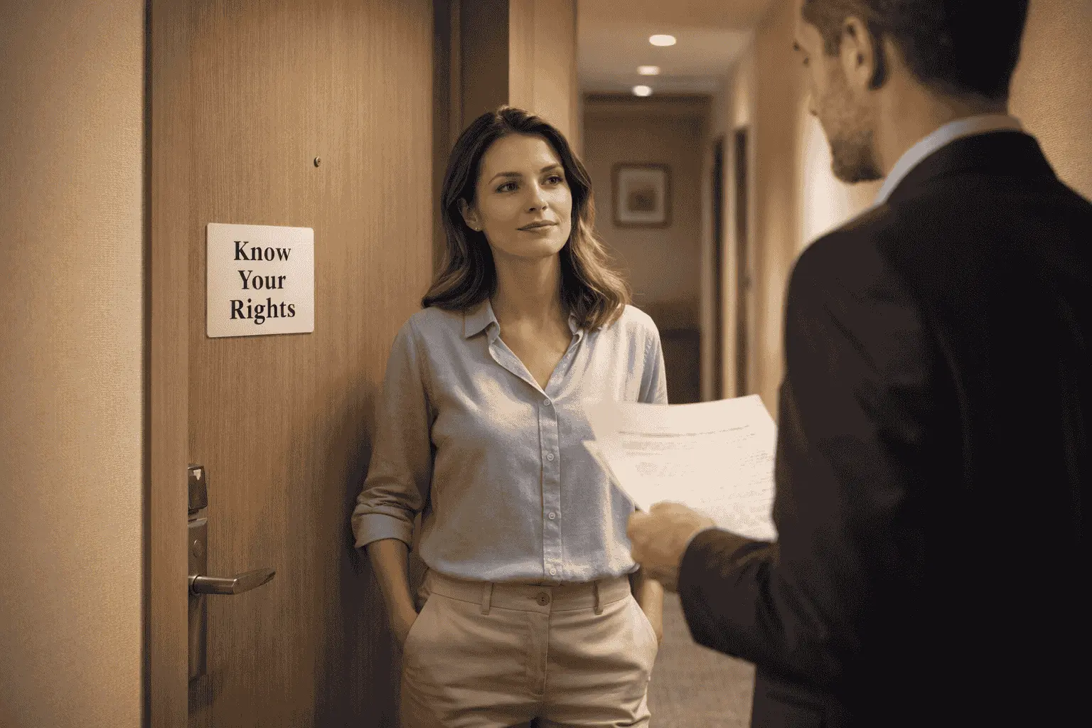 Tenant sitting at a kitchen table reviewing a lease document with a text overlay stating Your Landlord Cannot Do This.