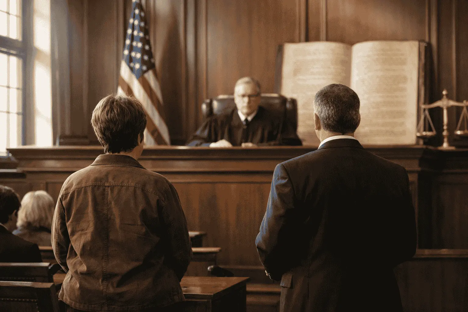 A courtroom scene showing a person with their lawyer standing before a judge, with the U.S. Constitution and scales of justice in the background representing legal rights in a criminal case.