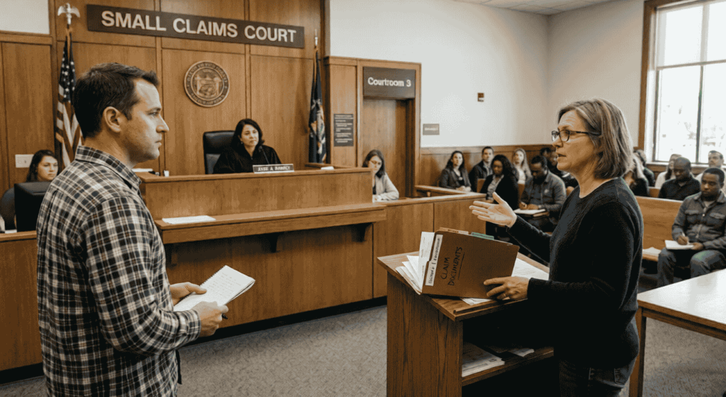 A realistic photo of a woman in a blue sweater presenting her case in a U.S. Small Claims Court, holding a folder labeled “CLAIM DOCUMENTS,” as a judge presides and a man with a notebook listens.