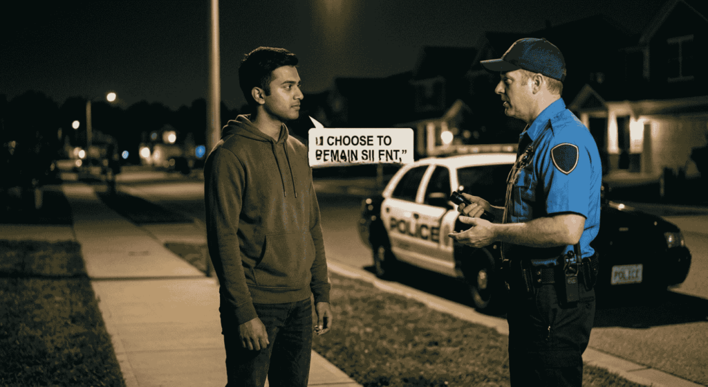 A cinematic night photo of a young man calmly telling a police officer, 'I choose to remain silent,' under a streetlamp.