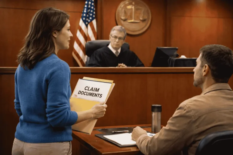Woman presenting her case in a U.S. small claims court, holding claim documents while a judge listens and the defendant takes notes.