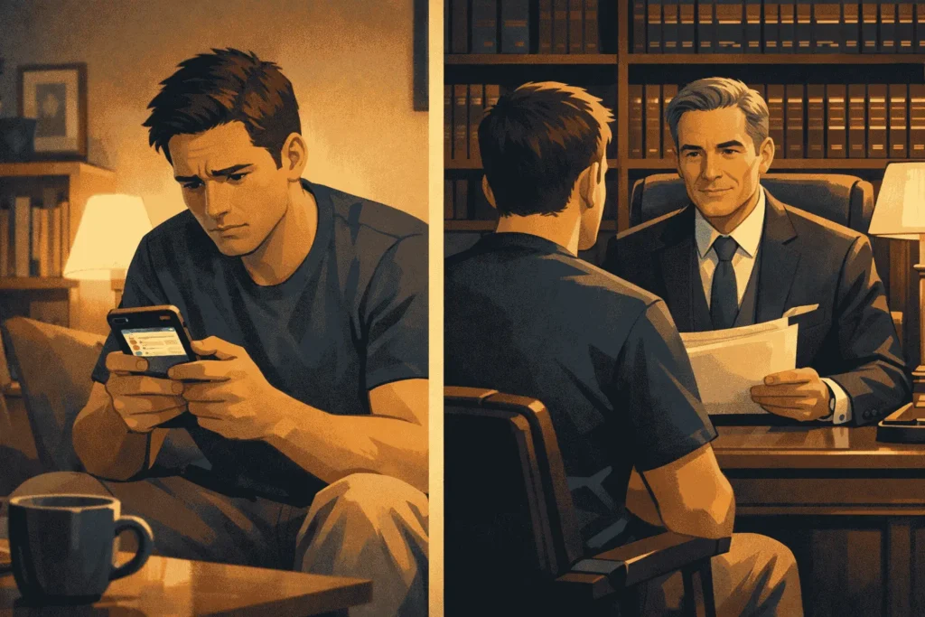 Man searching for legal advice on phone at home versus consulting a professional attorney in a law office