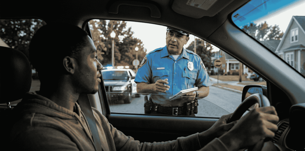 A view from inside a car looking out at a police officer talking to the driver through the window. A police car is behind them, and text at the bottom says "KNOW YOUR RIGHTS."