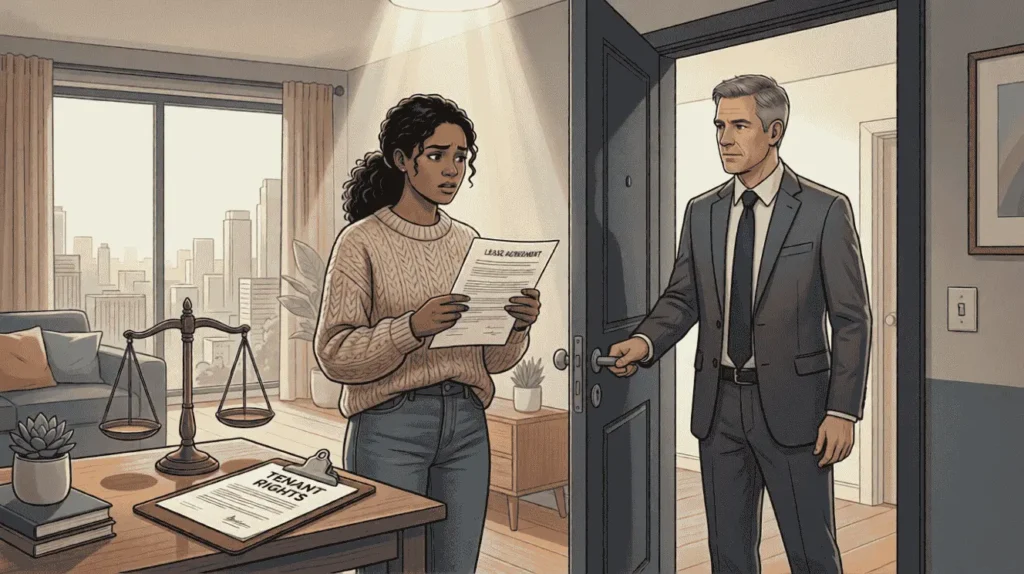 Illustration of a tenant reviewing a lease agreement while a landlord attempts to enter the apartment, symbolizing tenant rights, legal protection, and property law.