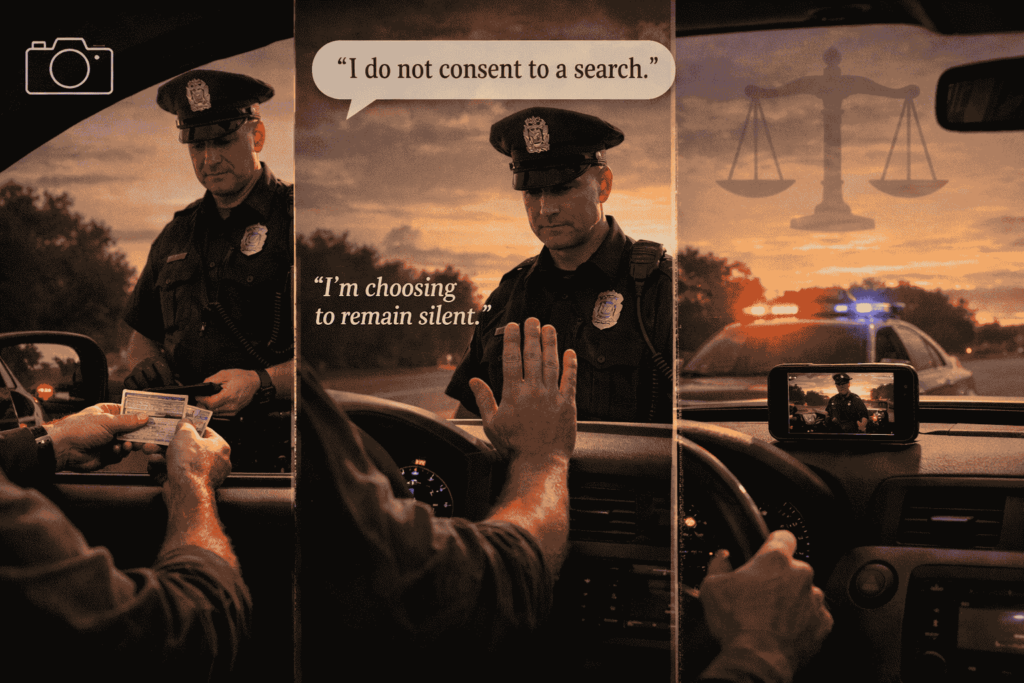 Realistic depiction of a traffic stop with a professional officer and compliant driver. Graphic overlays illustrate a driver's legal rights, including non-consent to a search and the right to record with a smartphone.