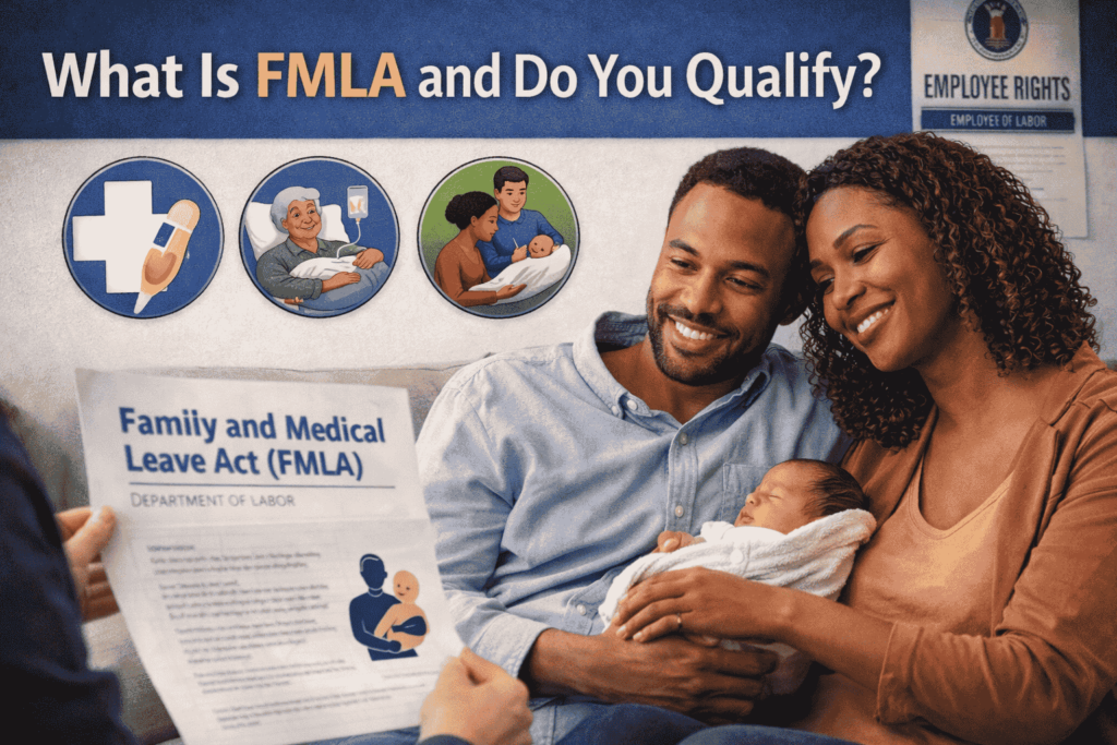 16:9 image of a smiling couple holding their newborn while reviewing FMLA leave documents with an HR representative, symbolizing job-protected family and medical leave rights.