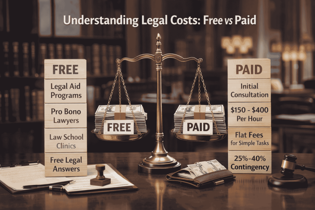 Free options include legal aid programs through the Legal Services Corporation, pro bono representation from volunteer attorneys, law school clinics supervised by licensed faculty, and the ABA Free Legal Answers platform available in most states.
