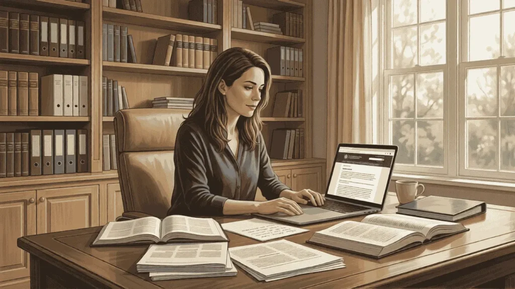 Person calmlyresearching legal information on laptop with law books and government resources in a bright library setting