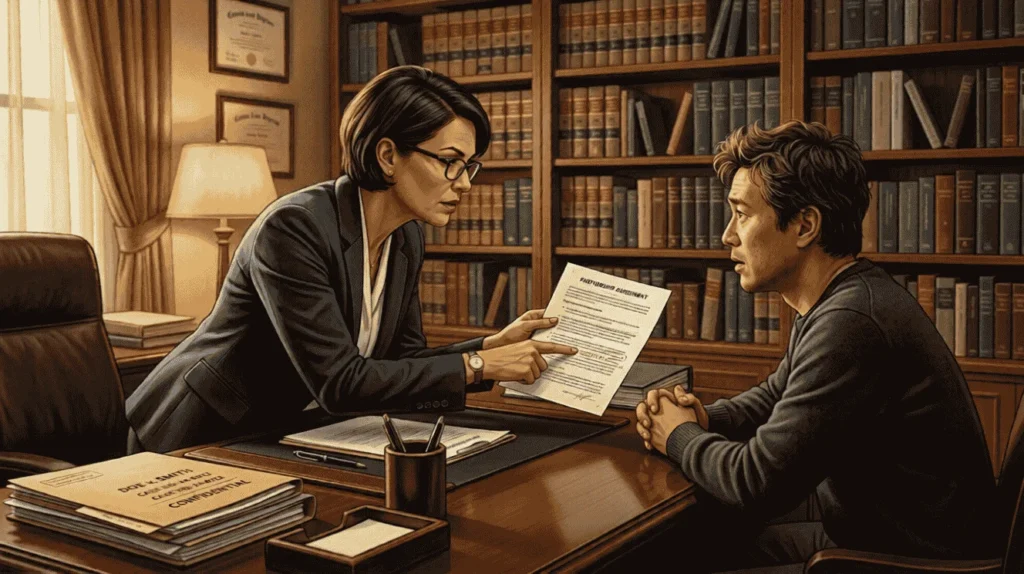 Licensed attorney providing personalized legal advice to a client in a private law office consultation