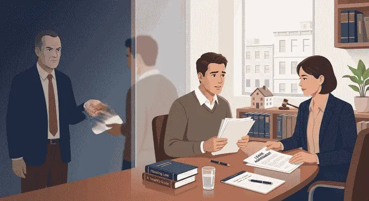Tenant consulting a lawyer about eviction and housing rights in a professional office.