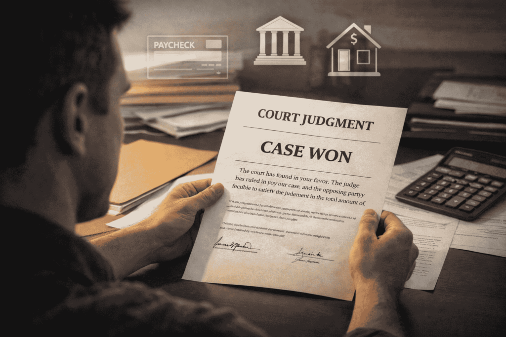 Person reviewing a court judgment paper showing case won outcome, sitting at a desk with legal documents, calculator, and symbols of paycheck, bank, and property lien in the background