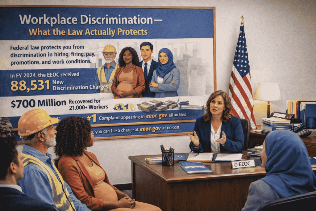 Workplace discrimination awareness scene showing a diverse group of employees meeting with an EEOC representative in a professional office, discussing federal protections related to hiring, pay, promotions, and workplace rights.