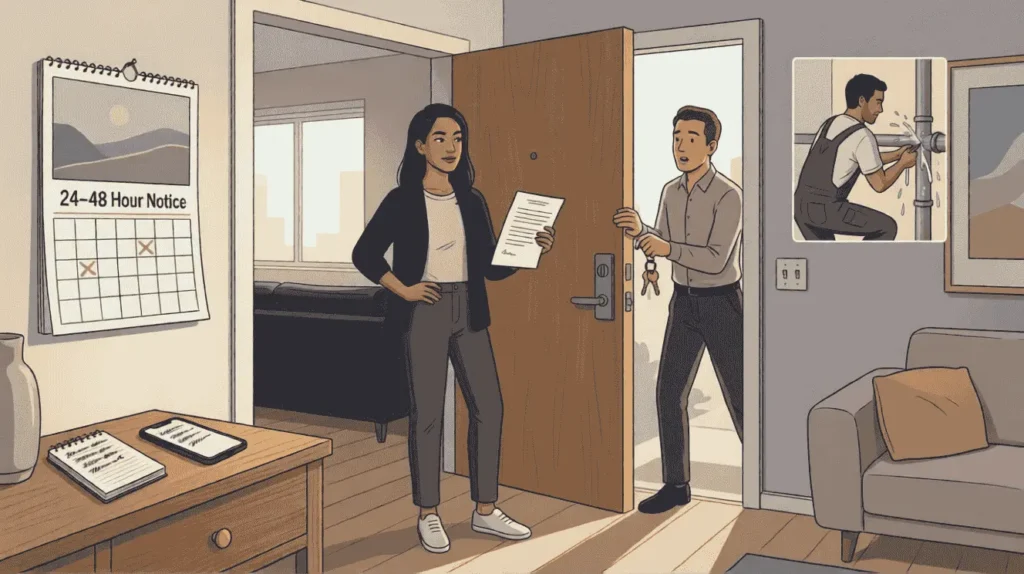 Illustration of a tenant preventing a landlord from entering an apartment without notice, representing tenant privacy rights and legal protections.