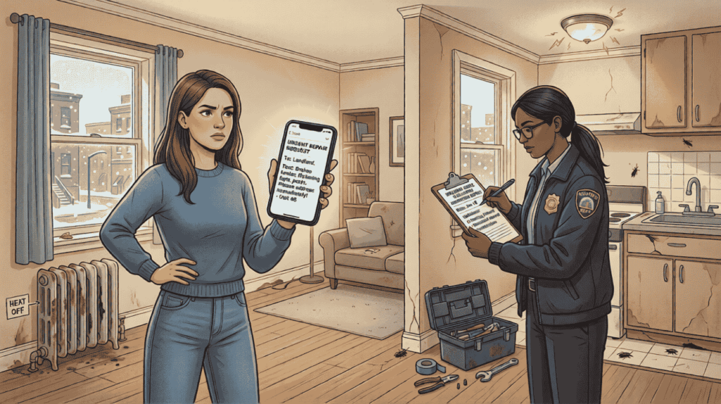 Illustration of a tenant documenting repair issues in an unsafe apartment while a housing inspector evaluates code violations, representing the right to a safe and habitable home.