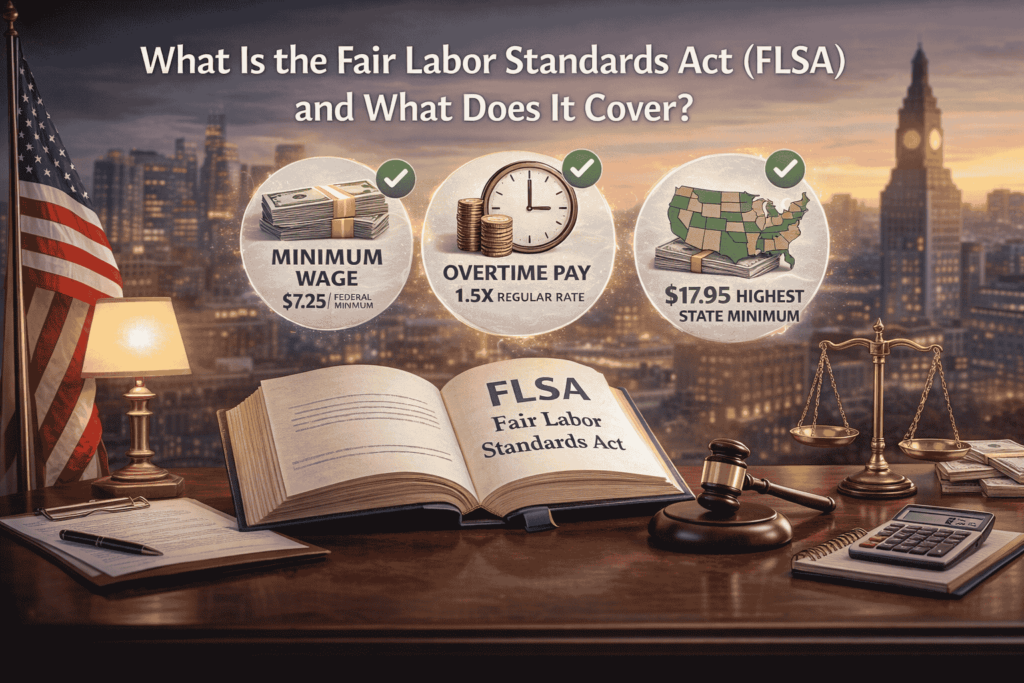 Infographic showing Employment Law Basics Act FLSA key provisions including federal minimum wage of $7.25,
overtime pay at 1.5x regular rate, and highest state
minimum wage of $17.95